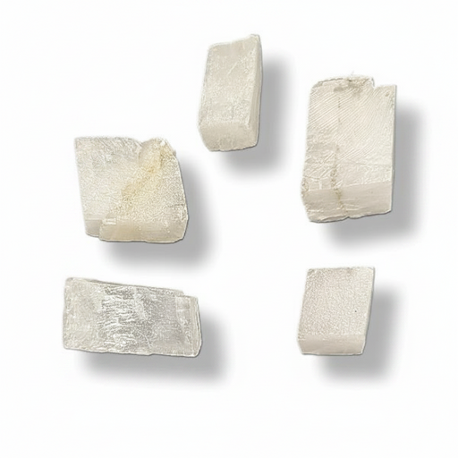Five rough, irregular off-white stone or crystal chips with natural textured surfaces, arranged on a clean white background with soft drop shadows.