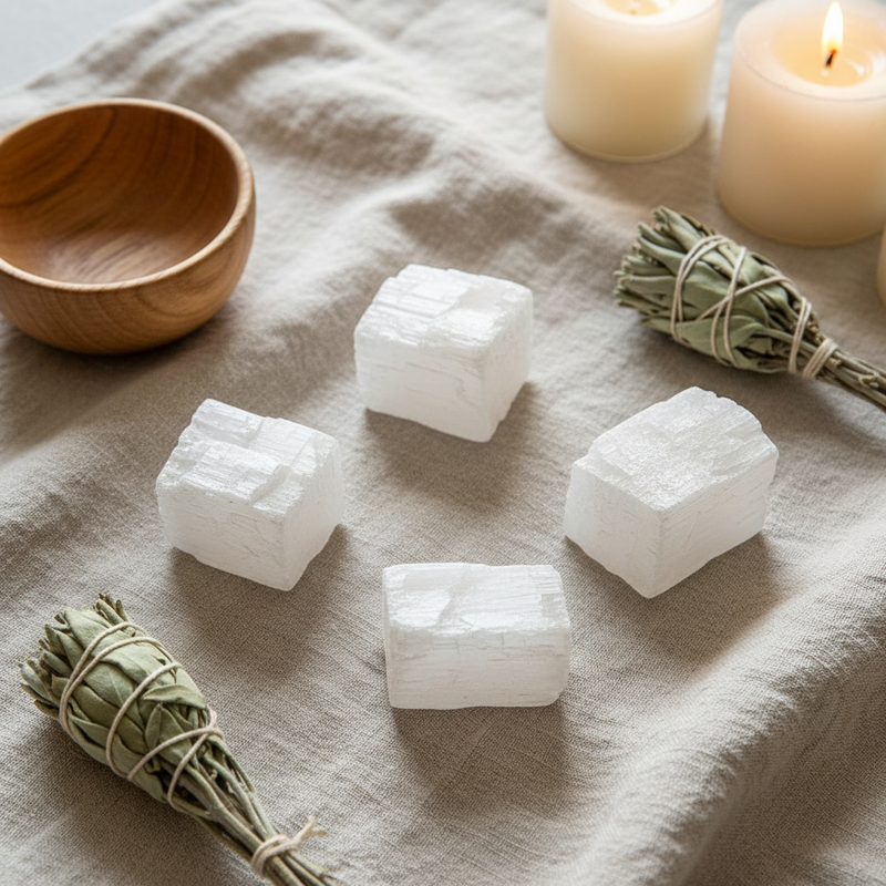 Four white crystal cubes arranged on a beige linen cloth, with two dried sage smudge bundles, a wooden bowl, and two lit candles in the background.