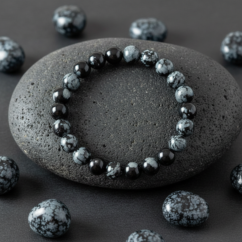 Black beaded bracelet on a dark stone with scattered beads around