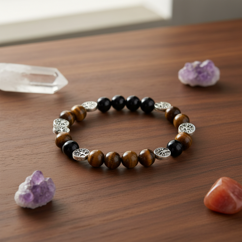 Jewelry bracelet with beads on a wooden surface with crystals