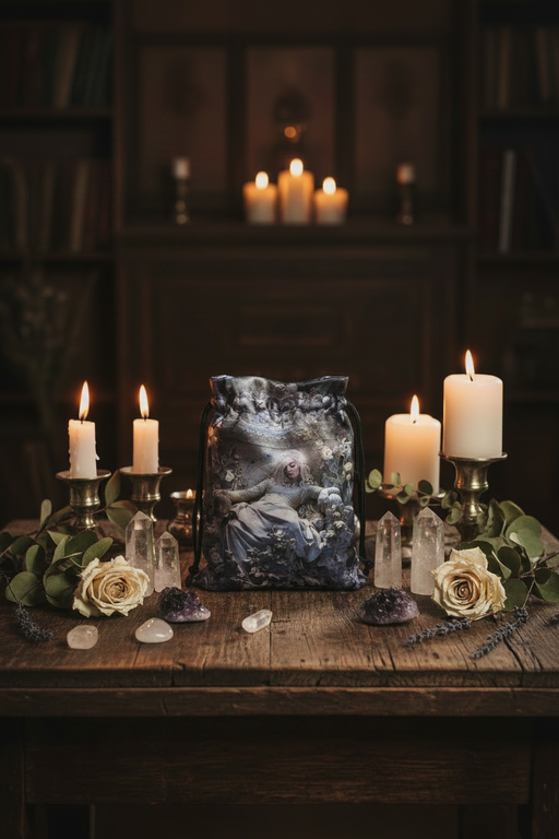 A dark illustrated drawstring pouch sits on a rustic wooden table surrounded by lit candles, crystals, roses, and greenery in a dimly lit room.