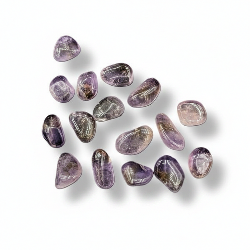 A group of polished tumbled ametrine gemstones in various teardrop shapes, arranged on a clean white background with soft drop shadows.