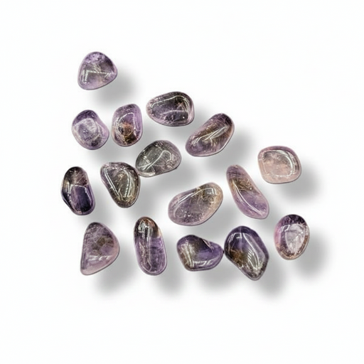 A group of polished tumbled ametrine gemstones in various teardrop shapes, arranged on a clean white background with soft drop shadows.