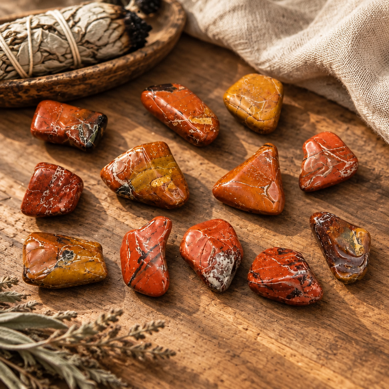A set of polished tumbled gemstones in earthy red, orange, brown, and yellow tones arranged on a wooden surface, with a linen cloth, sage sprig, and a bundle wrapped in cloth in the background.