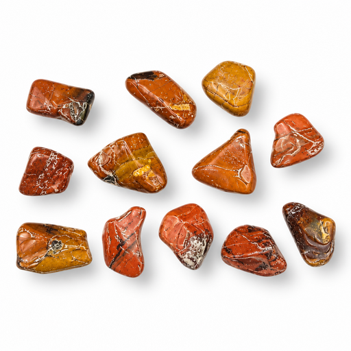 A set of polished tumbled gemstone in earthy orange, brown, and red tones with natural matrix inclusions, arranged on a clean white background.