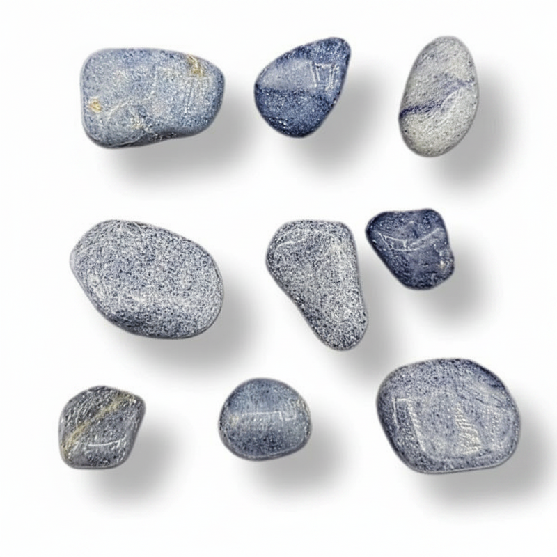 Nine polished tumbled stones in shades of slate blue, navy, and gray with white veining, arranged on a clean white background with soft drop shadows.