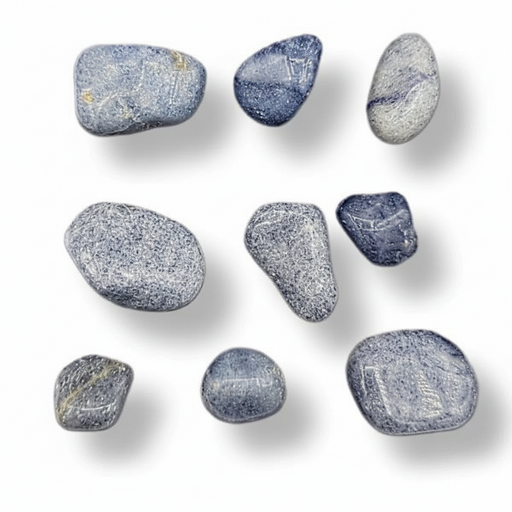 Nine polished tumbled stones in shades of slate blue, navy, and gray with white veining, arranged on a clean white background with soft drop shadows.