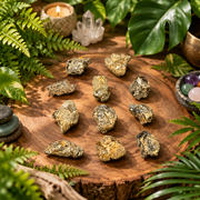 A set of natural rough crystal formations with metallic gold and silver flecks, arranged on a rustic wooden slice surrounded by green ferns, leaves, a lit candle, and small decorative stones.