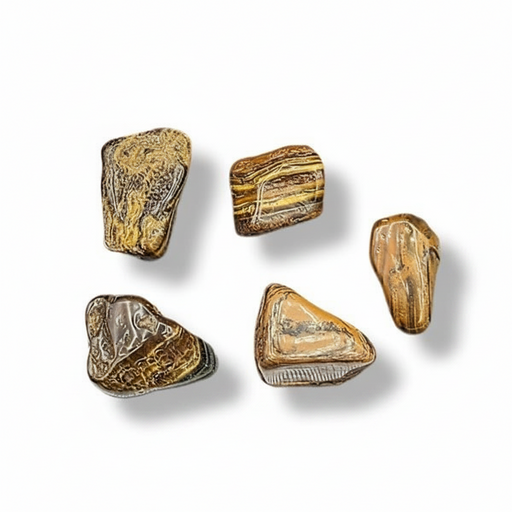 Five brown and gold stones on a white background