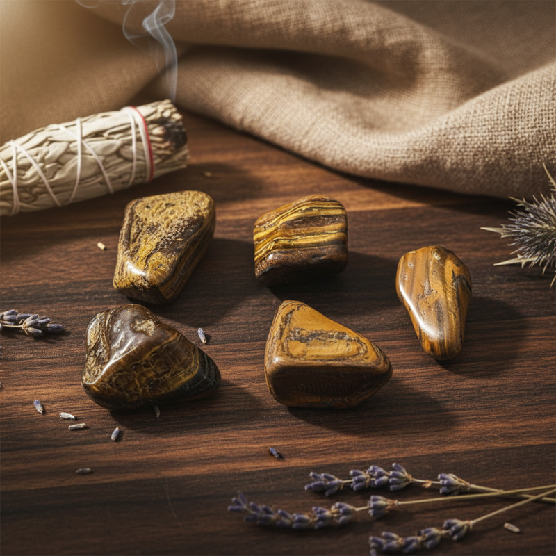 Five brown and gold stones on a white background