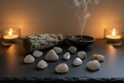 A spa-style arrangement on a dark slate board with smooth white stones, a tied sage bundle, a small incense burner with visible smoke, and two lit tealight candles in glass holders against a warm beige background.