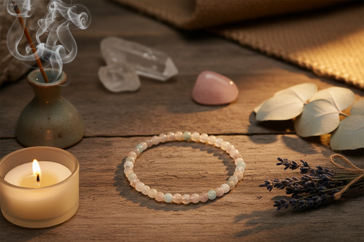 A beaded stretch bracelet made of pale pink, cream, and mint green morganite  stones is displayed on a rustic wooden table alongside a lit candle, rose quartz crystal, pink stone, dried lavender, and eucalyptus leaves.