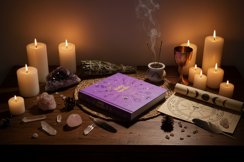 Witchcraft setup with candles, crystals, and a purple book on a wooden table.