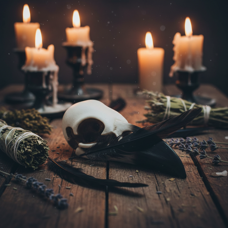 A gothic tabletop still life featuring a white animal skull, a black feather, dried herbs in a sage bundle, and lit candles in dark holders on a rustic wooden surface.
