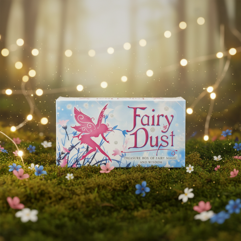 Box of 'Fairy Dust' with a fairy design on a grassy background with flowers and lights.