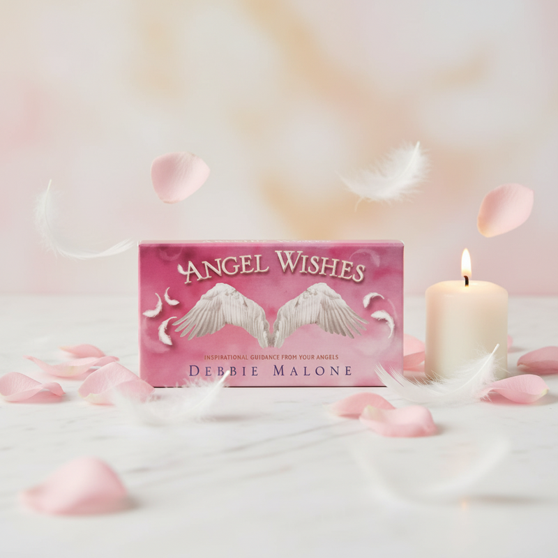 Pink book titled 'Angel Wishes' by Debbie Malone with a candle and rose petals on a soft background