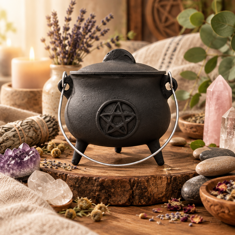 A black cast iron cauldron with a triple-hinged lid and a metal handle, featuring a raised pentagram symbol on the front. The cauldron is displayed on a rustic wooden slice surrounded by crystals, dried herbs, candles, and sage in a cozy, mystical setting.