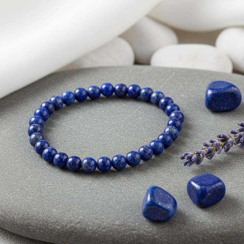 A beaded stretch bracelet made of polished dark blue lapis lazuli stones, displayed on a gray stone plate with loose lapis stones and a sprig of lavender nearby.