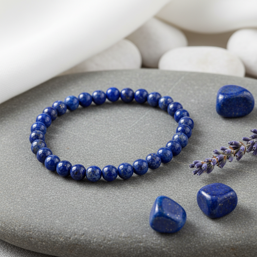 A beaded stretch bracelet made of polished dark blue lapis lazuli stones, displayed on a gray stone plate with loose lapis stones and a sprig of lavender nearby.