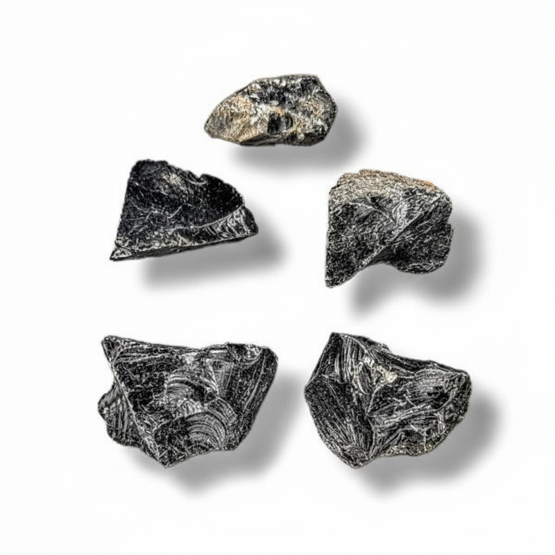 Five raw black obsidian stones  arranged on a white background with soft drop shadows.
