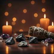 A styled arrangement of crystals, a white sage smudge bundle, and glowing orange pillar candles on a wooden surface with a warm bokeh background.
