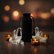 A black fabric drawstring pouch with tassels stands on a wooden surface, surrounded by clear crystal points, small lit amber candles, and a bundle of dried herbs against a warm blurred bokeh background.