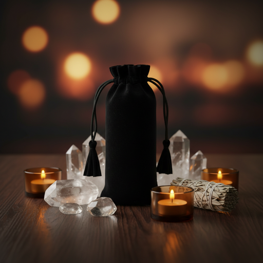 A black fabric drawstring pouch with tassels stands on a wooden surface, surrounded by clear crystal points, small lit amber candles, and a bundle of dried herbs against a warm blurred bokeh background.