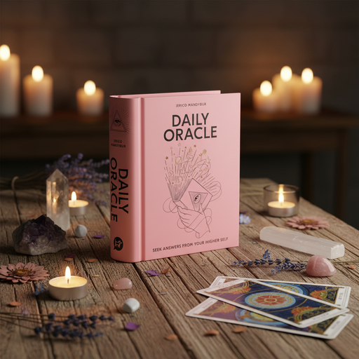 Pink 'Daily Oracle' book on a wooden table with candles and crystals in a mystical setting.