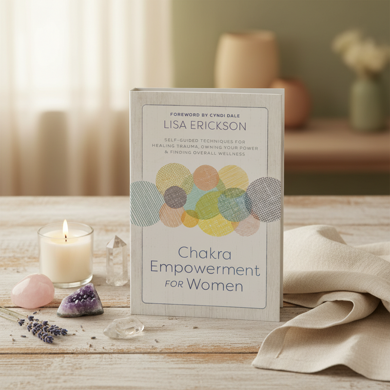 Book titled 'Chakra Empowerment for Women' by Lisa Erickson on a wooden surface with candles and crystals.