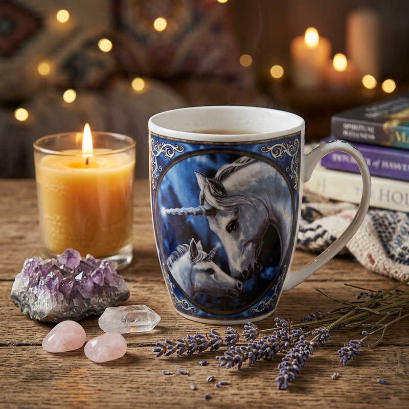 Mug  filled with coffee  designed with unicorns sitting on a wooden surface  with crystals, books and a candle surrounding it 