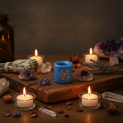 Decorative setting with candles, crystals, and a blue candle holder on a wooden surface.