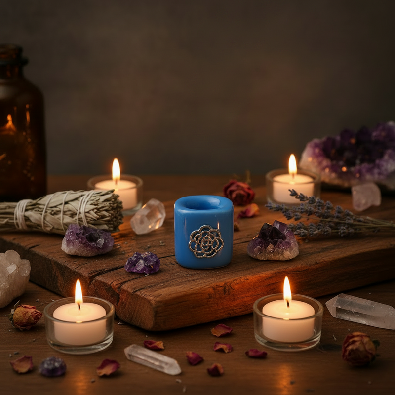 Decorative setting with candles, crystals, and a blue candle holder on a wooden surface.