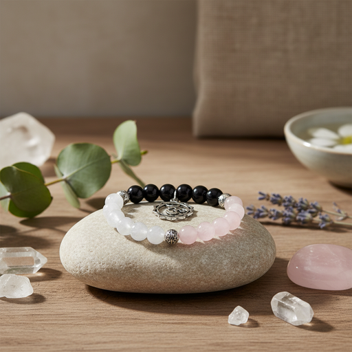 A beaded bracelet with black beads, white beads, and light pink beads, accented by a silver-toned Om charm, displayed on a smooth beige stone. The scene is styled on a wooden table with eucalyptus leaves, crystals, and a lavender sprig.