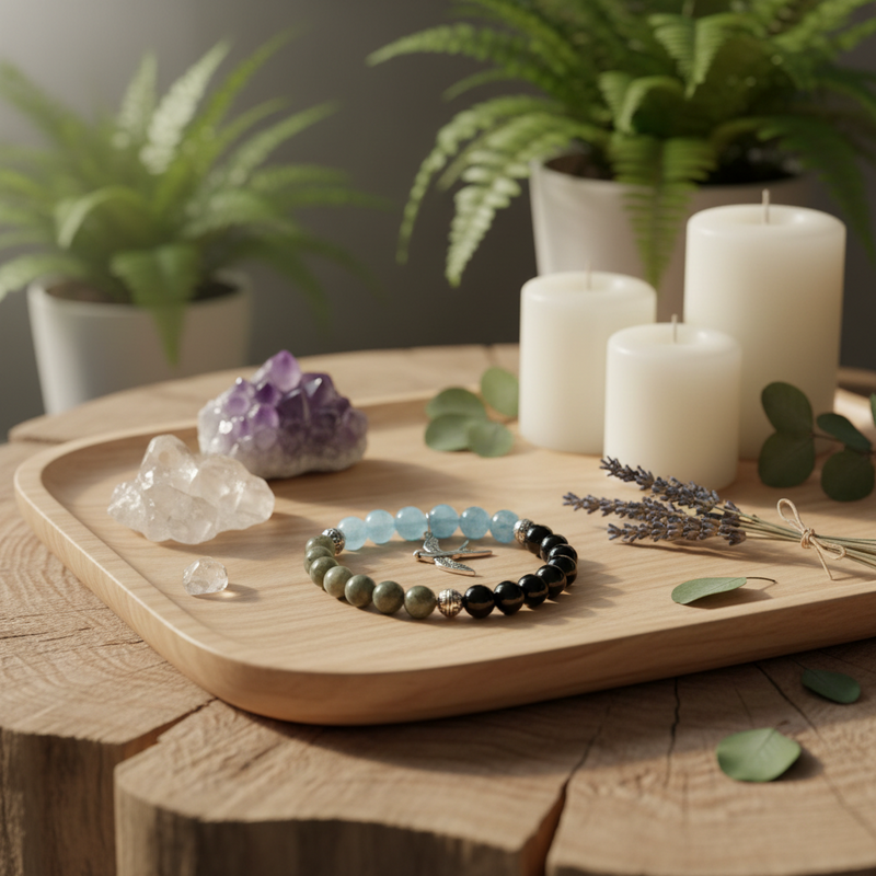 A beaded bracelet with light blue, olive green, and black beads rests on a light wood tray, styled with crystals, candles, and potted plants.