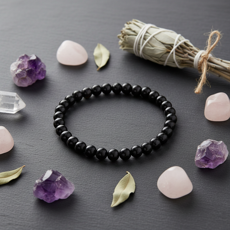 A black beaded bracelet arranged in a circle on a dark gray surface, surrounded by decorative stones, a dried sage bundle, and a clear crystal point.