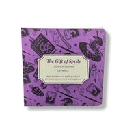 Purple book titled 'The Gift of Spells' by Lucy Cavendish with magickal symbols on a white background.