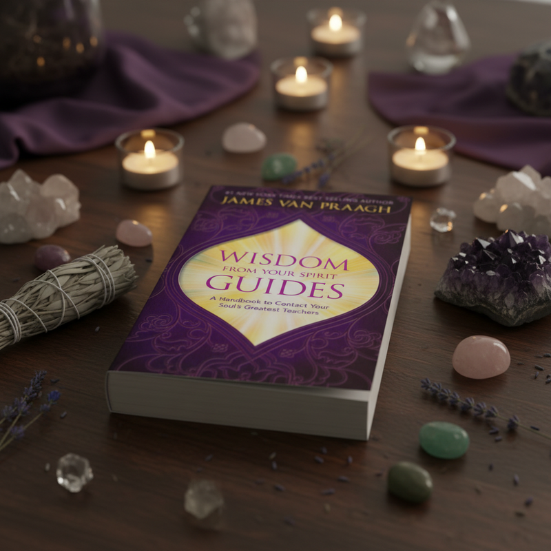Book titled 'Wisdom from Your Spirit Guides' by James Van Praagh on a table with candles, crystals, and lavender.