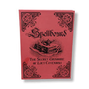 Red book titled 'Spellbound: The Secret Grimoire of Lucy Cavendish' with black decorative text and illustrations on a white background.