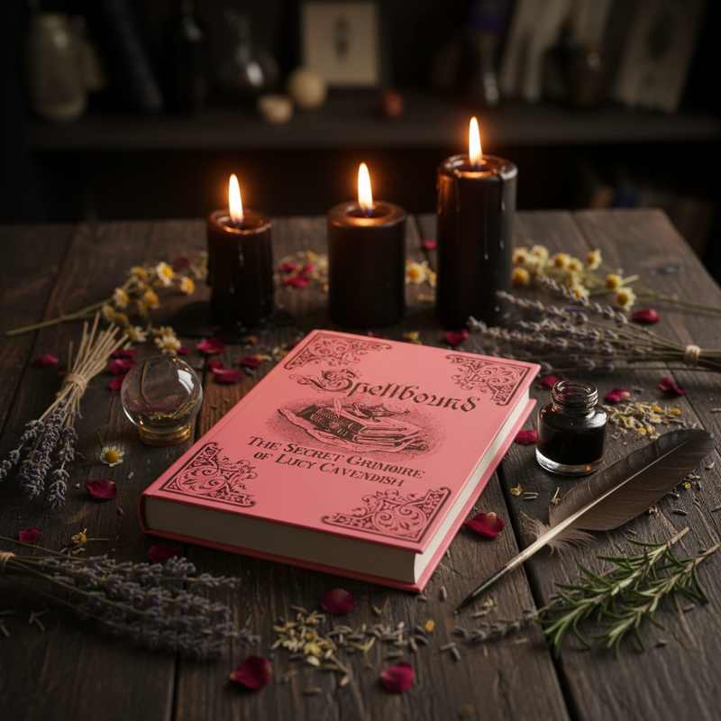 Pink spellbook with candles and herbs on a wooden surface