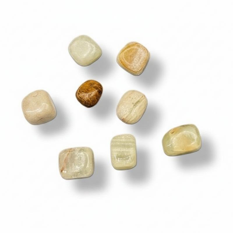 Seven beige stones on a white surface 