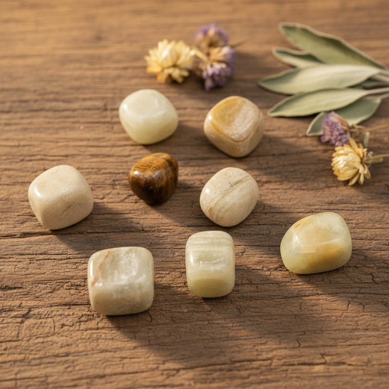 Seven beige stones on a brown table with flowers around the table.