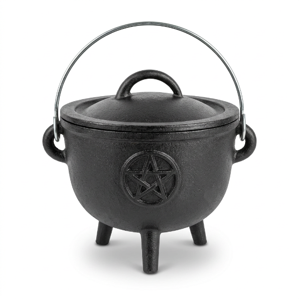 A black cast iron cauldron-shaped pot with a lid, triple feet, side handles, and a metal top handle, featuring an embossed pentagram symbol on the front, shown on a white background.