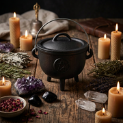 A black cast iron cauldron with a pentagram emblem on the front, styled on a rustic wooden table with lit candles, crystals, dried herbs, and rose petals.