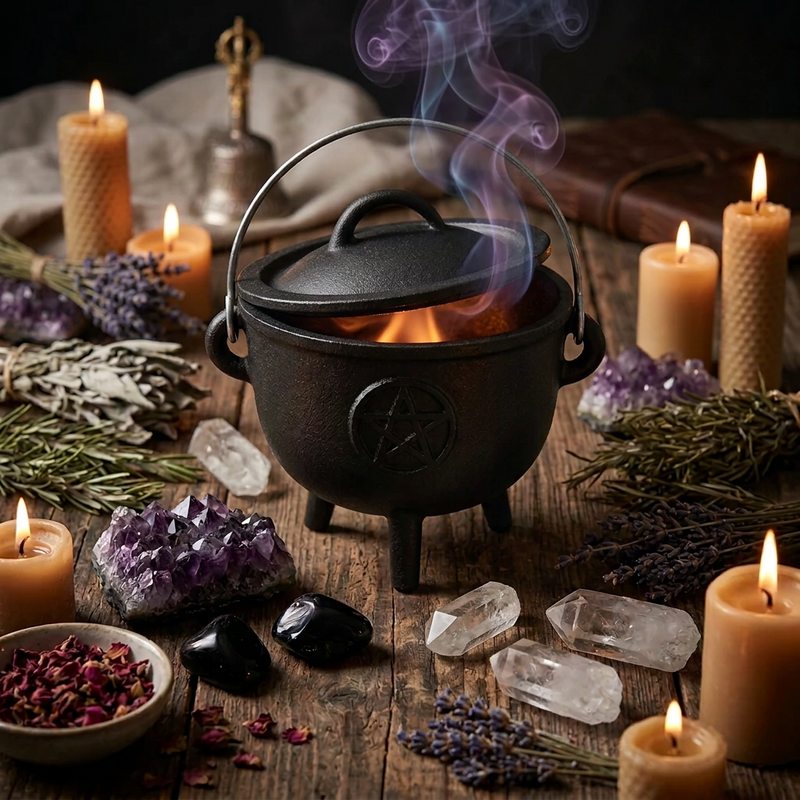 A black cast iron cauldron with a lid and triple legs sits on a rustic wooden table, lit with visible flames and smoking purple steam. The cauldron has a pentagram symbol embossed on the front.