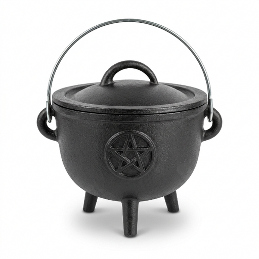 A black cast iron cauldron-shaped pot with a lid, triple feet, side handles, and a metal top handle, featuring an embossed pentagram symbol on the front, shown on a white background.