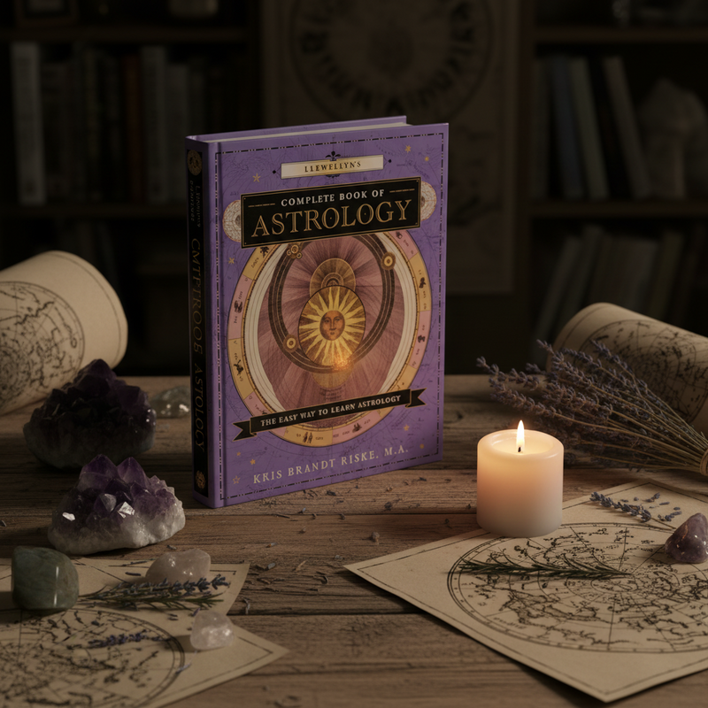 Book titled 'Complete Book of Astrology' on a wooden table with candles, crystals, and herbs in an astrology-themed setting.