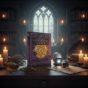 Book titled 'Ceremonial Magick' on a table with candles and a crystal ball in a mystical setting.