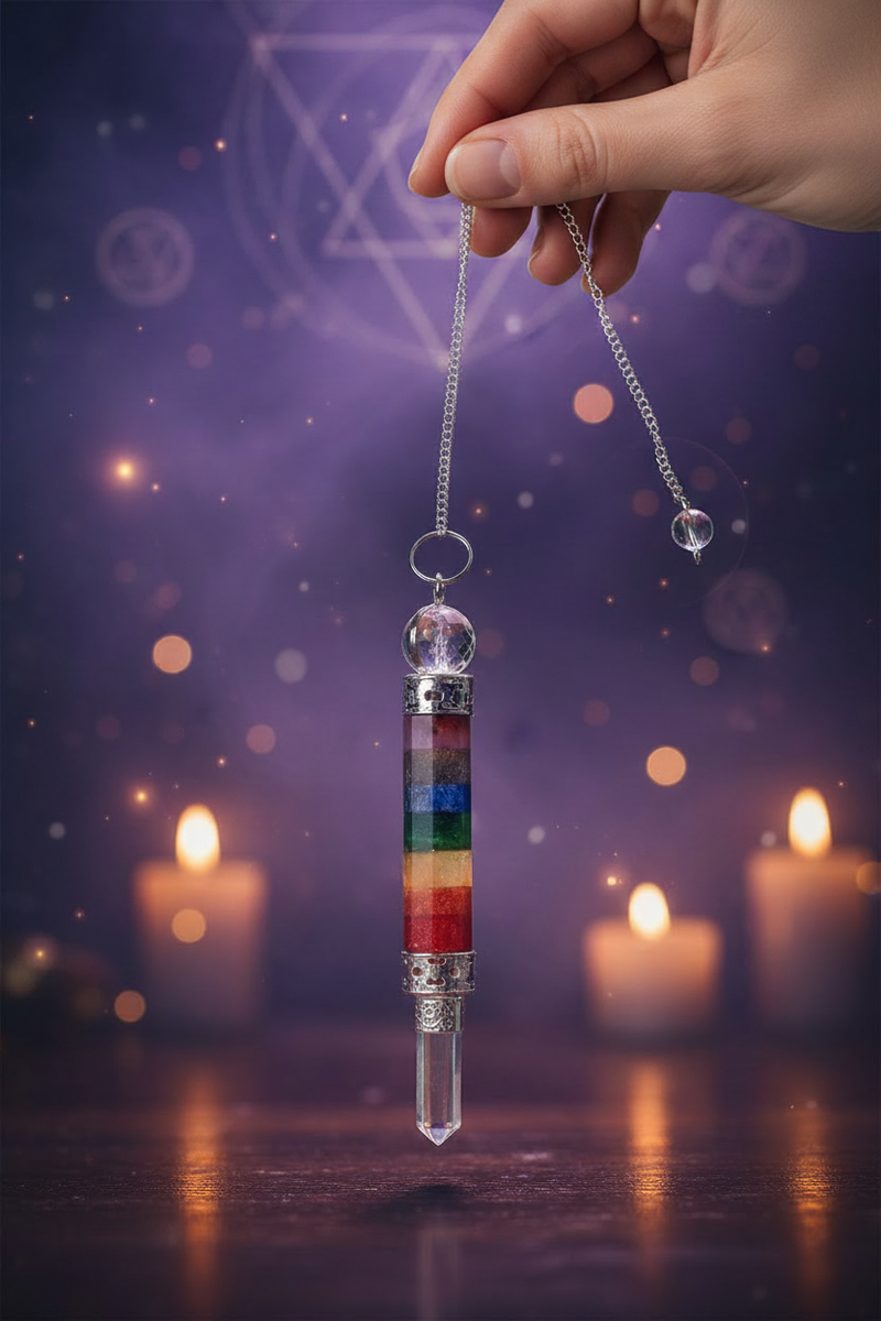 Pendulum Chakra with Quartz Crystal Point held by a hand with candles and a star symbol in the background