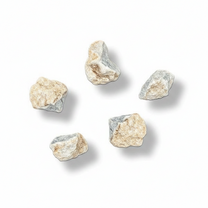 Five small rough stones or decorative rocks in off-white, beige, and light gray tones, arranged on a plain white background with soft drop shadows.