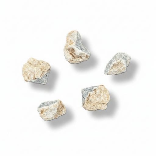 Five small rough stones or decorative rocks in off-white, beige, and light gray tones, arranged on a plain white background with soft drop shadows.